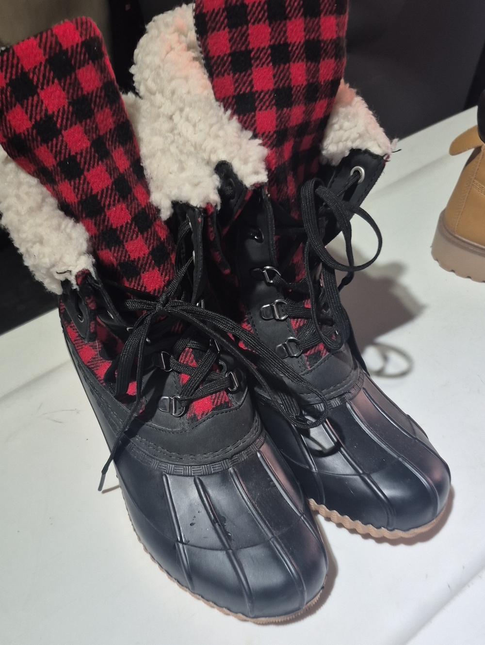 Maurices Red & Black Plaid Sherpa-Lined Winter Rain Boots